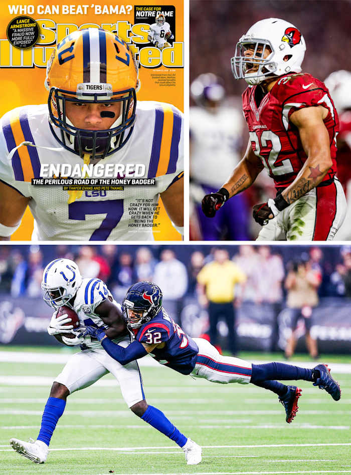 Tyrann Mathieu on the cover of Sports Illustrated while at LSU, then played with the Cardinals and Texans before joining the Chiefs